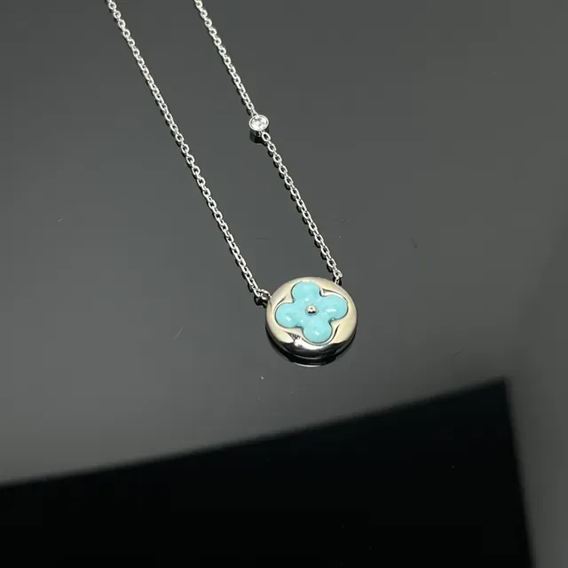 Blue Gold Circular Pendant Enamel Flower Motif Necklace 2