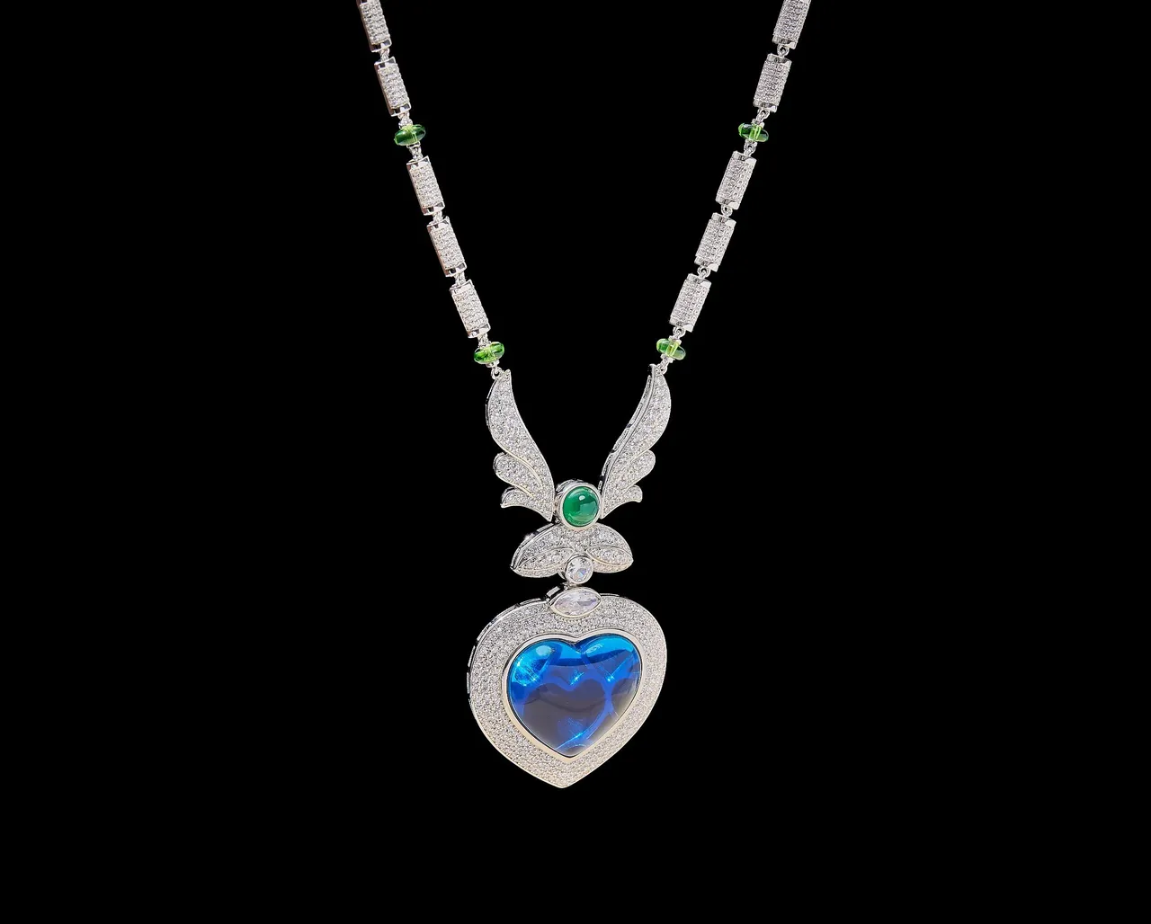 Blue Green Heart-Shaped Pendant Pavé-Set Stones Necklace 2