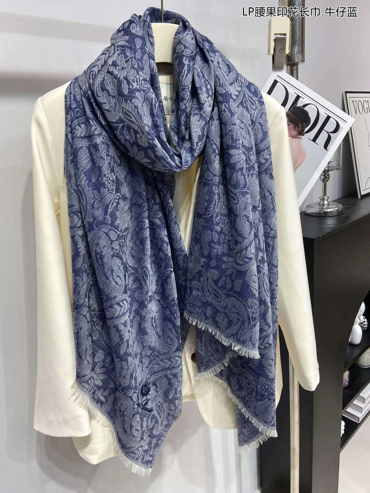 Blue Navy Jacquard Paisley Print Fringed Hem Cashmere Scarf 8