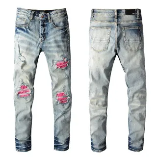 Blue Pink Light-Wash Distressed Patch Repair Detail Jeans