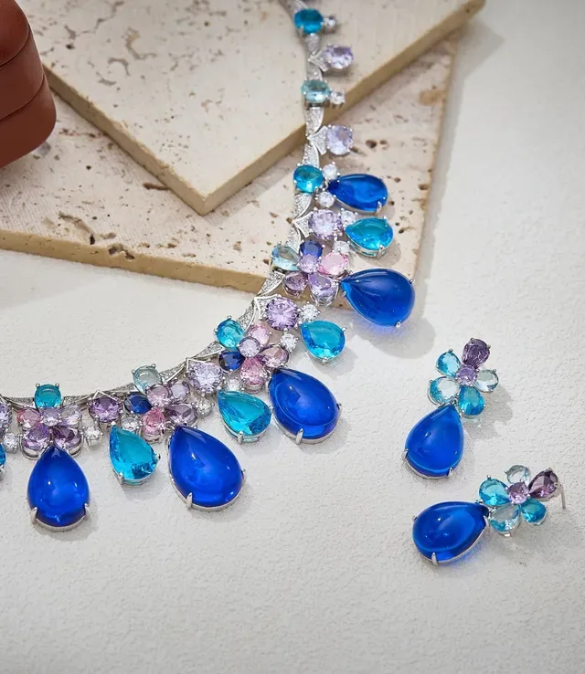 Blue Purple Floral Cluster Teardrop Dangle Earrings 4