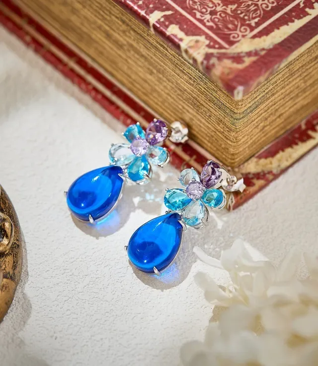 Blue Purple Floral Cluster Teardrop Dangle Earrings 7