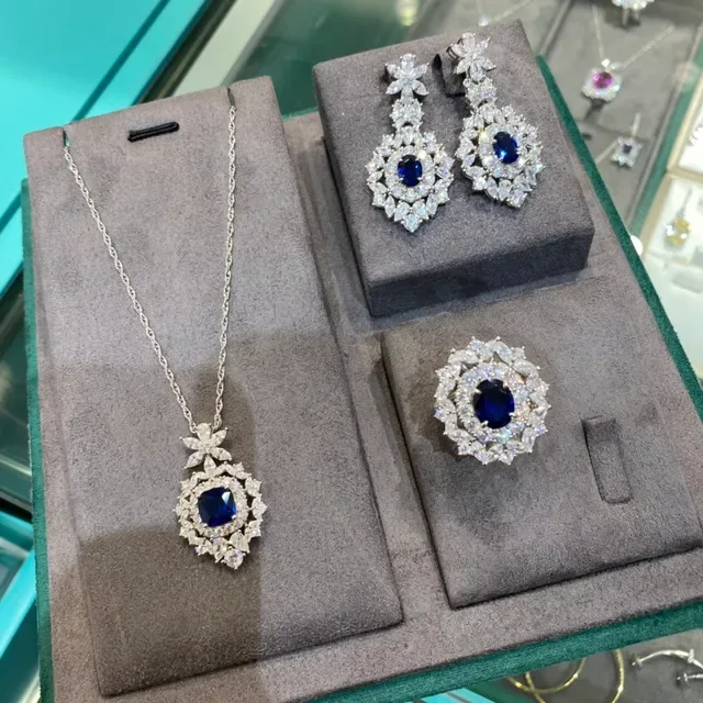 Blue Silver Floral Motif Dangling Chandelier Earrings 2