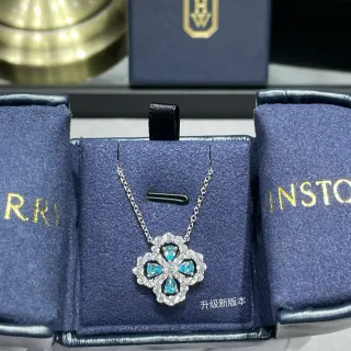 Blue Silver Floral Quatrefoil Pendant Pavé-Set Clear Stones Necklace