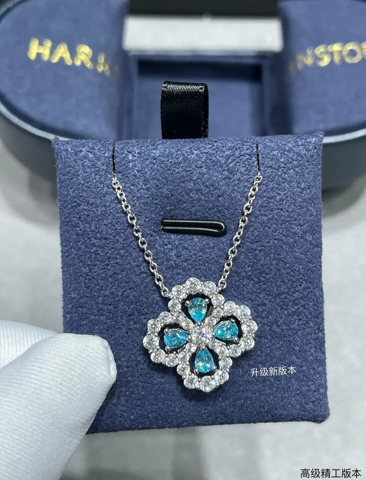 Blue Silver Floral Quatrefoil Pendant Pavé-Set Clear Stones Necklace 3