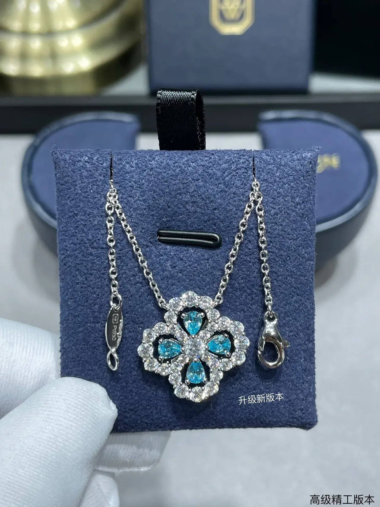 Blue Silver Floral Quatrefoil Pendant Pavé-Set Clear Stones Necklace 4