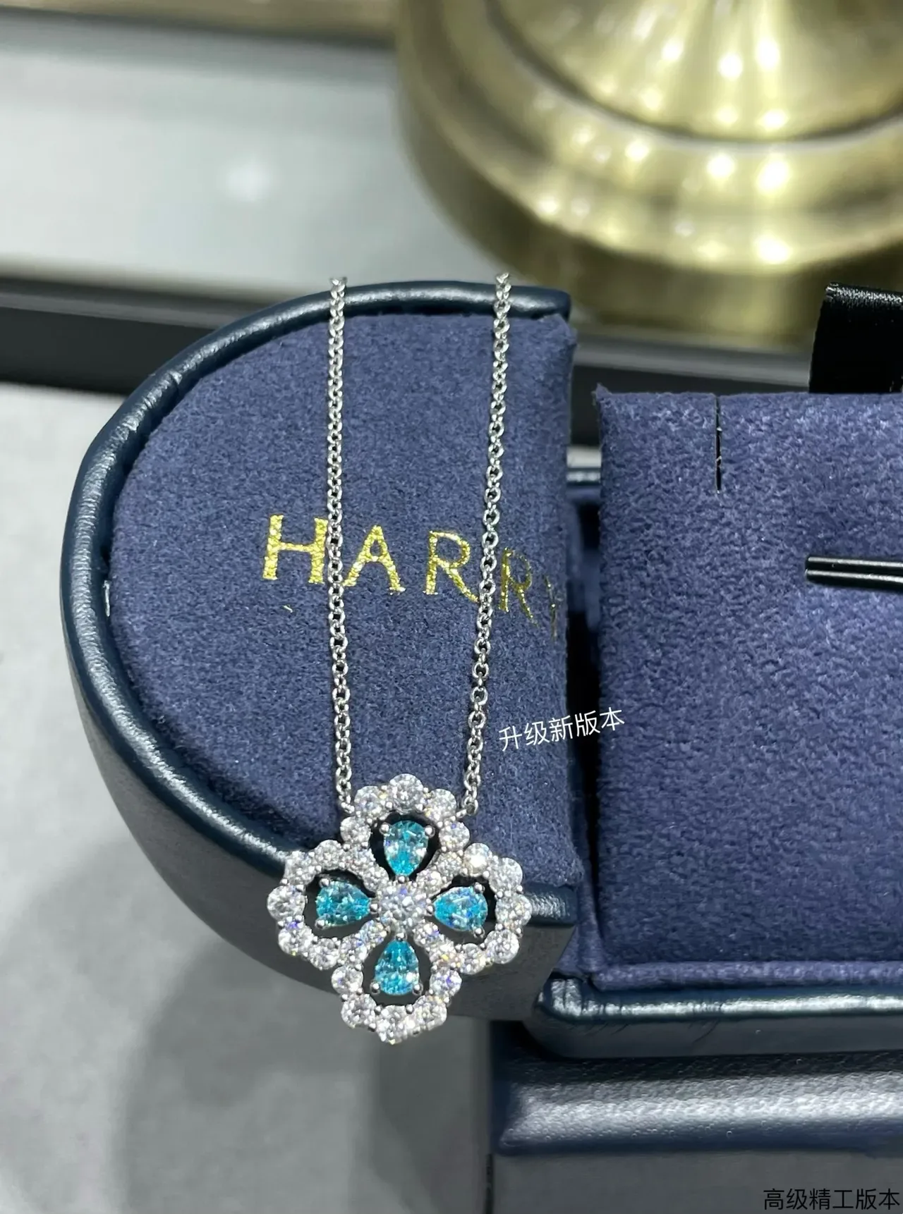 Blue Silver Floral Quatrefoil Pendant Pavé-Set Clear Stones Necklace 5