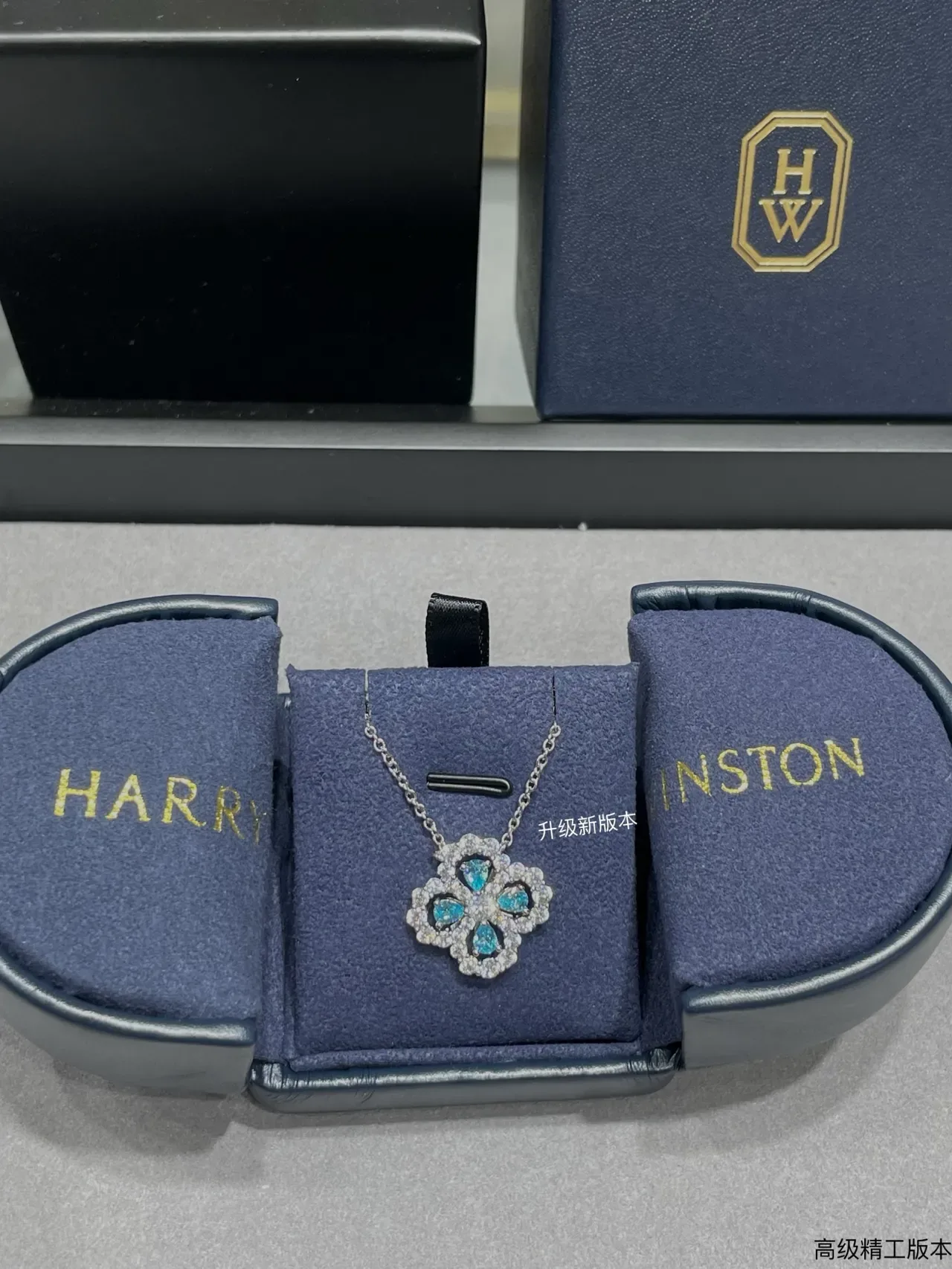 Blue Silver Floral Quatrefoil Pendant Pavé-Set Clear Stones Necklace 6