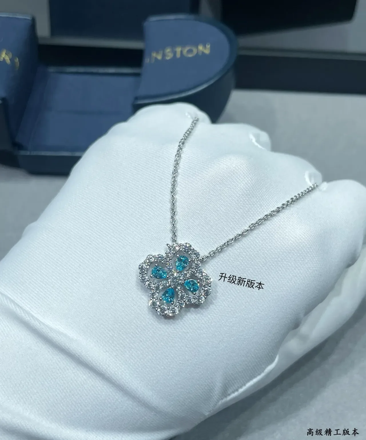 Blue Silver Floral Quatrefoil Pendant Pavé-Set Clear Stones Necklace 7