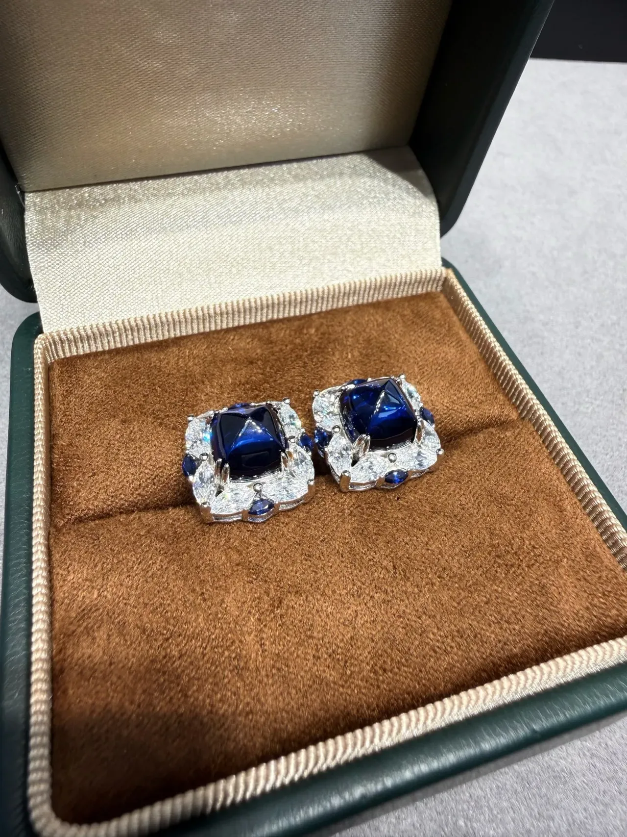 Blue Square-Cut Gem Halo Cluster Stud Earrings 7