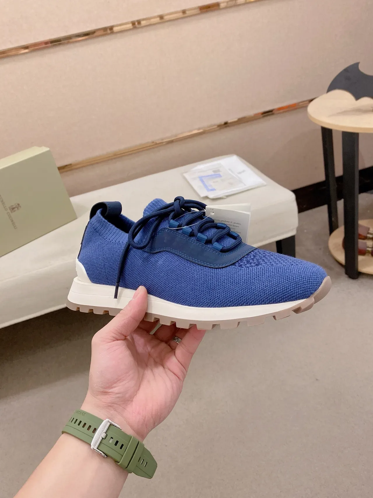 Blue White Knit Upper Sock-Like Collar Sneakers 4