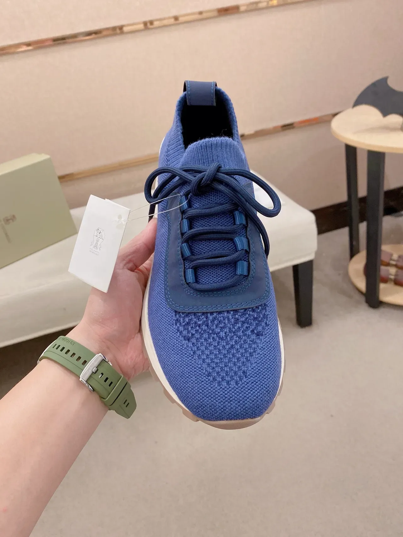 Blue White Knit Upper Sock-Like Collar Sneakers 5