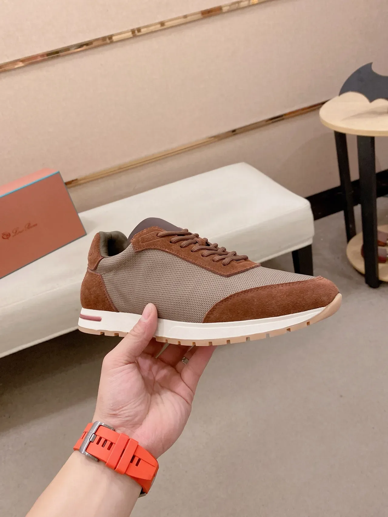 Brown and Beige Mesh-Suede Low-Top Lifestyle Sneaker 4