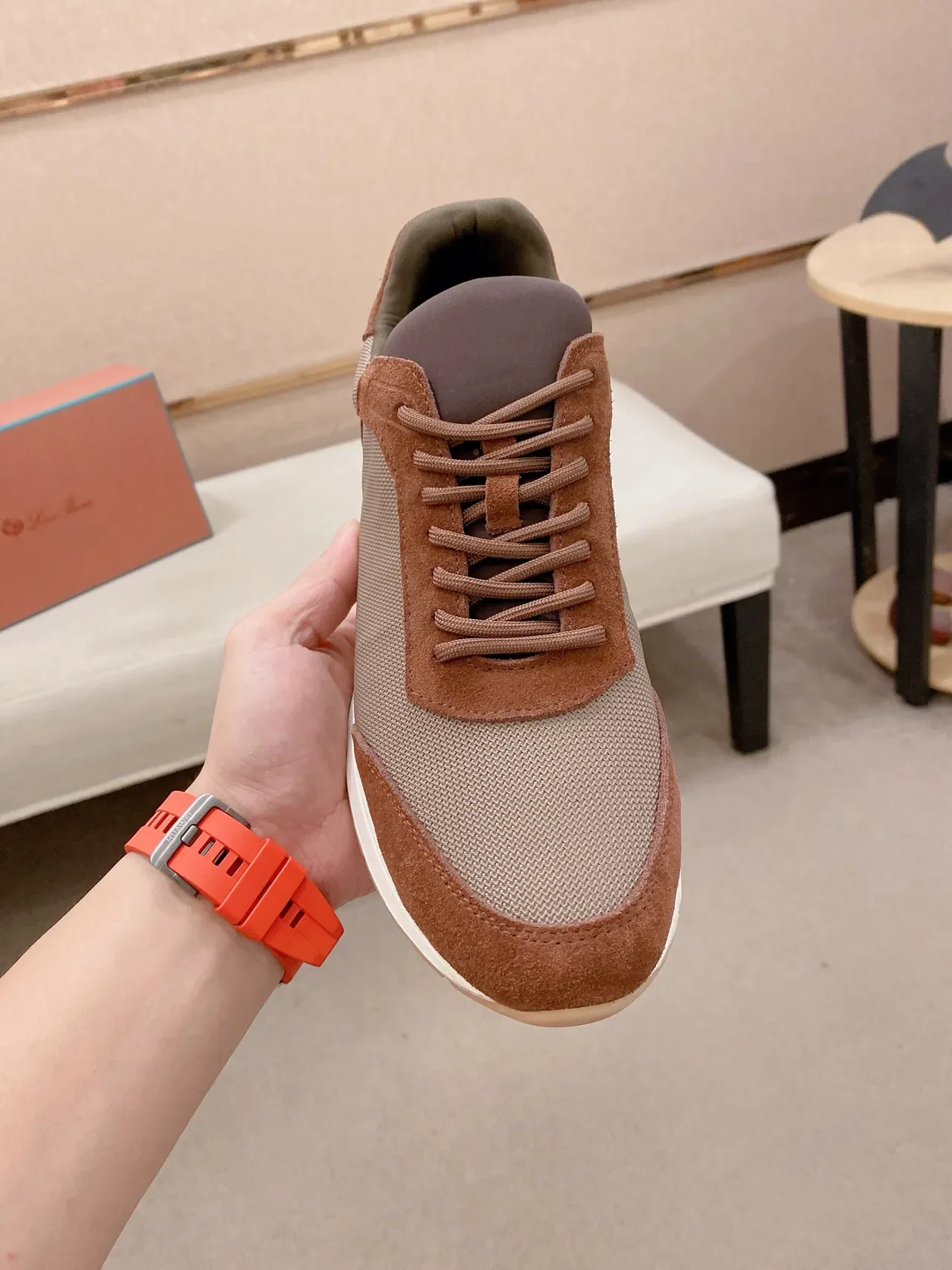 Brown and Beige Mesh-Suede Low-Top Lifestyle Sneaker 5