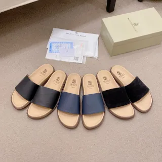 Brunello Cucinelli Black Beige Single-Strap Flat Sole Slippers