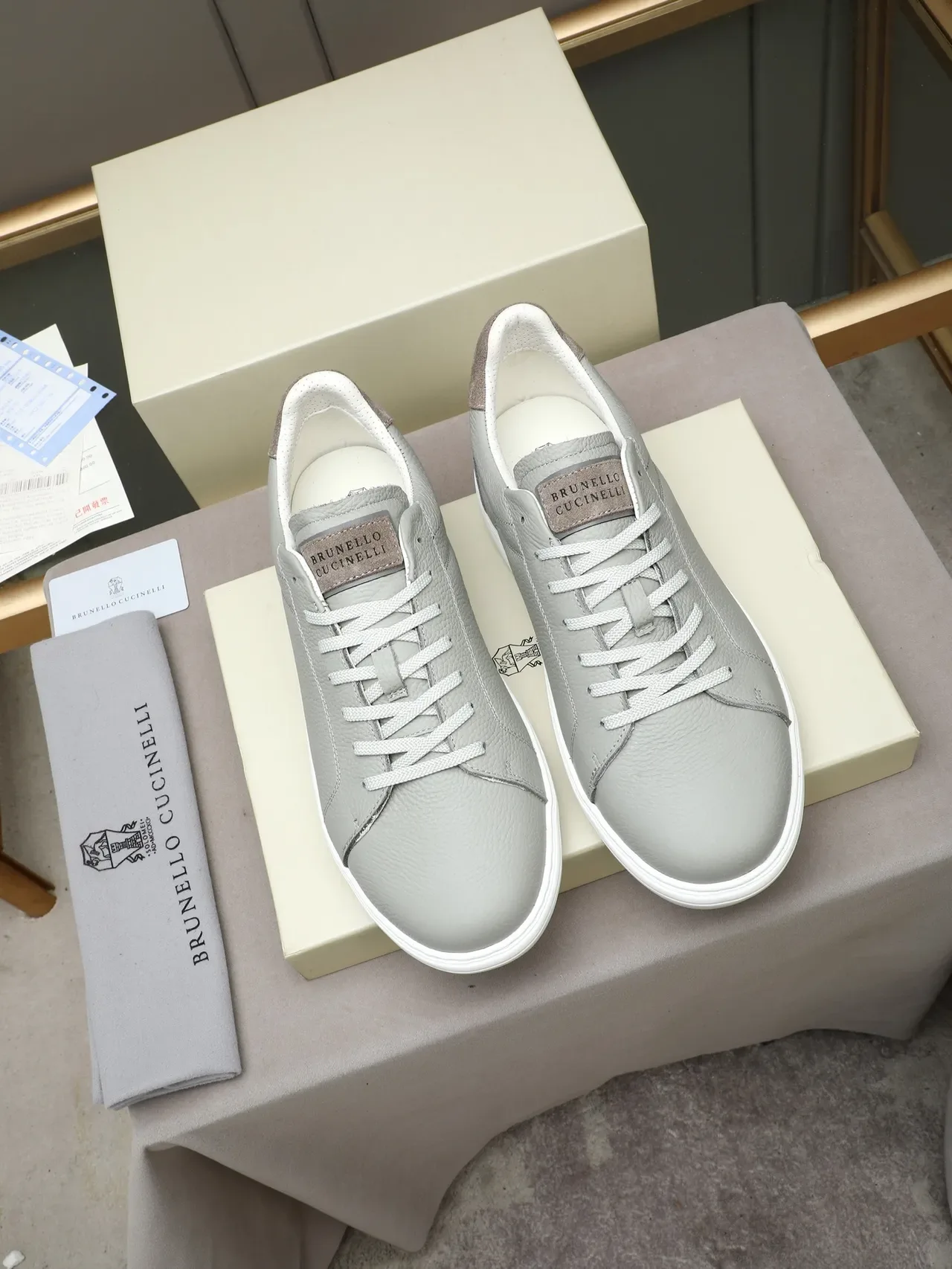 Brunello Cucinelli Light Gray Pebbled Leather Sneaker 2