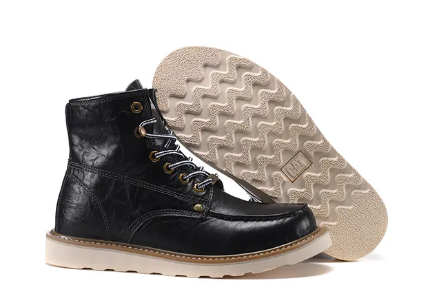 CAT Marrón Beige Moc-Toe Doble Costura Cuero Botas de Trabajo 4