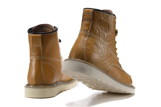 CAT Marrón Beige Moc-Toe Doble Costura Cuero Botas de Trabajo 9