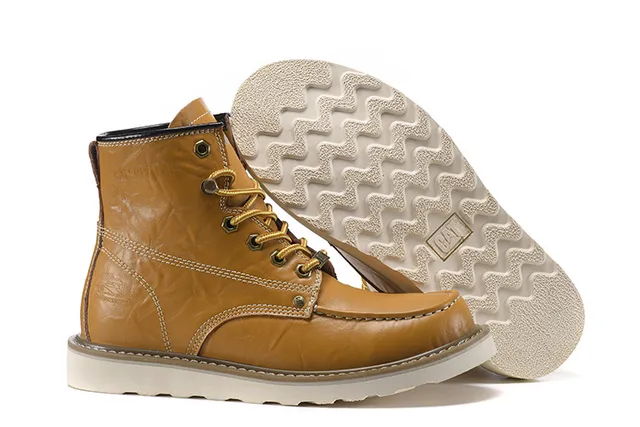 CAT Marrón Beige Moc-Toe Doble Costura Cuero Botas de Trabajo 11