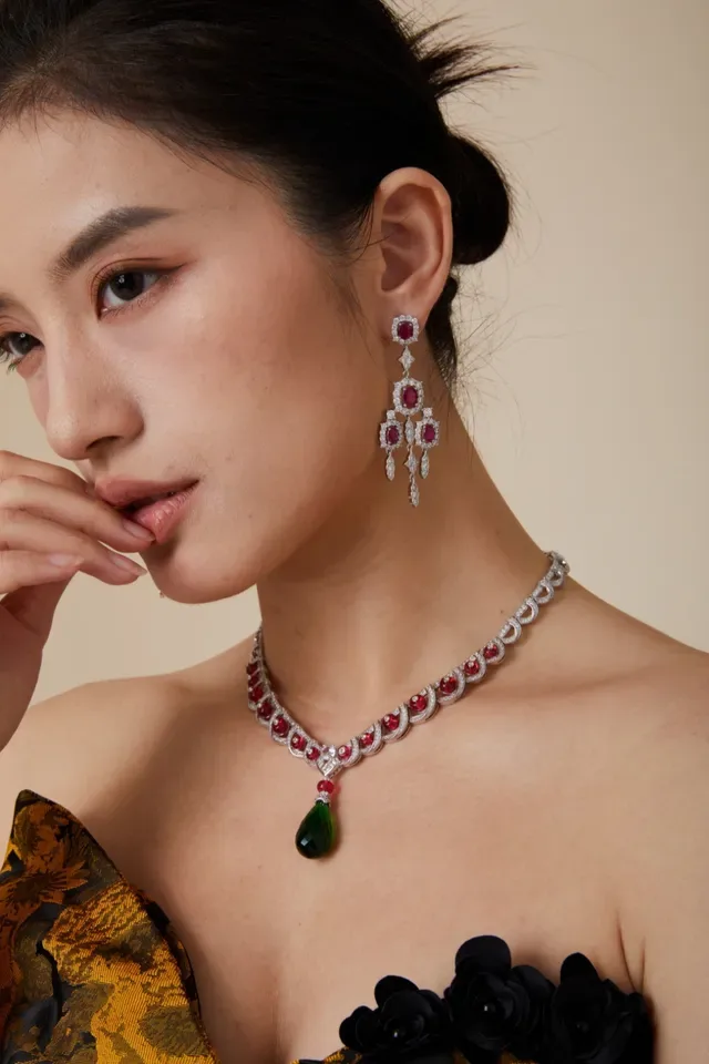 Chandelier Multi-Tier Pavé-Set Oval Ruby Earrings 4