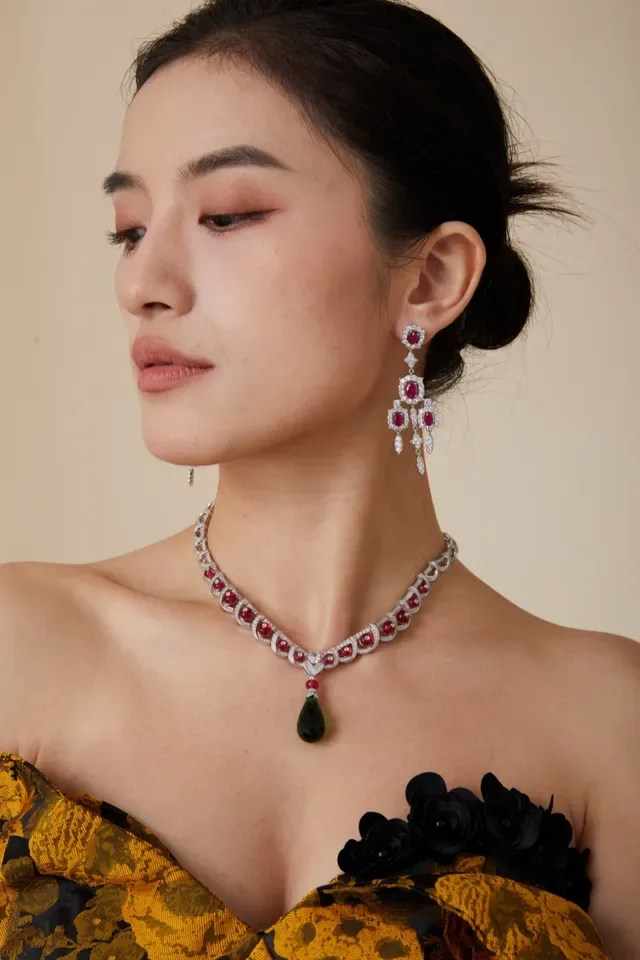 Chandelier Multi-Tier Pavé-Set Oval Ruby Earrings 6