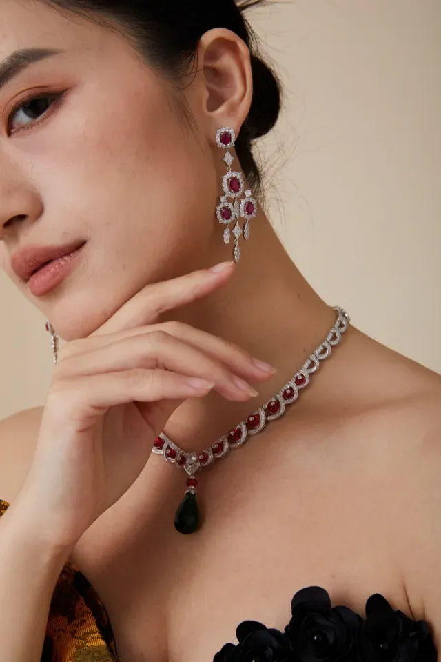 Chandelier Multi-Tier Pavé-Set Oval Ruby Earrings 7