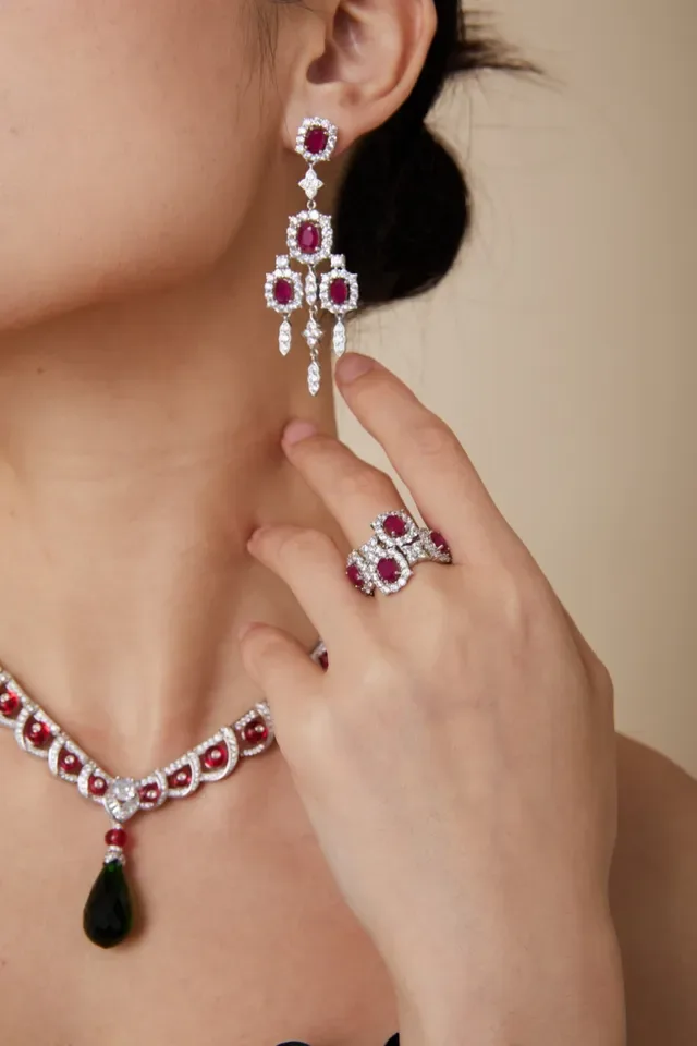 Chandelier Multi-Tier Pavé-Set Oval Ruby Earrings 8