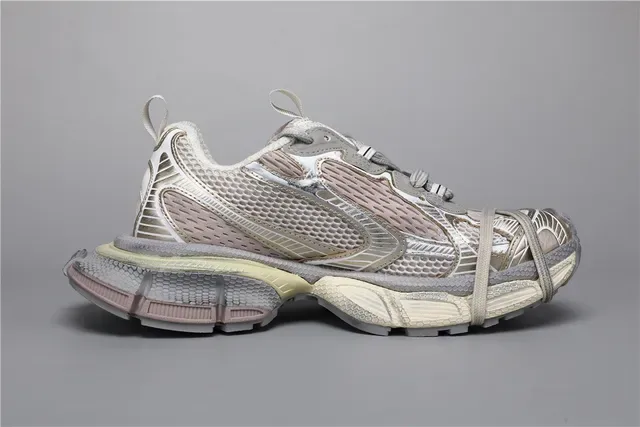 Chunky Layered Metallic Silver Gray Beige Mesh Sneakers 8