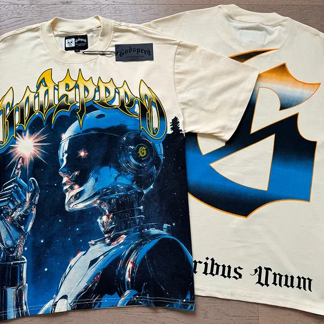 Cream Graphic-Print Robot Sci-Fi Illustration T-Shirt 4