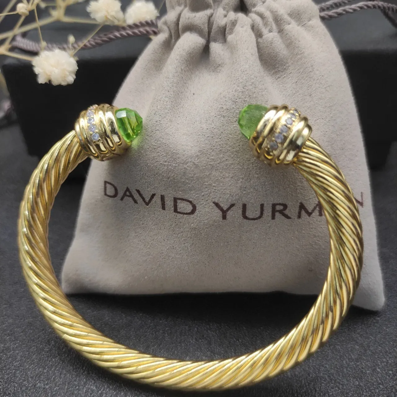 David Yurman Cable Classic tordue Gold-Tone Green Gemstone bracelet 2