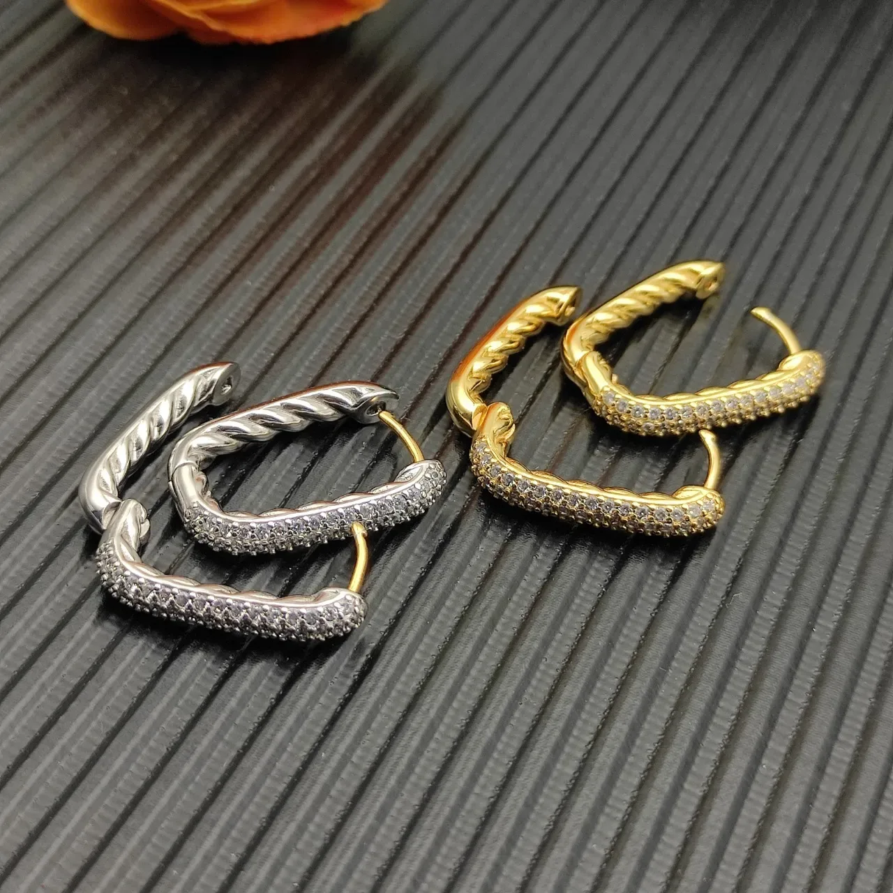 David Yurman Cable Classics Gold Silver Twisted Pavé-Set Earrings 3