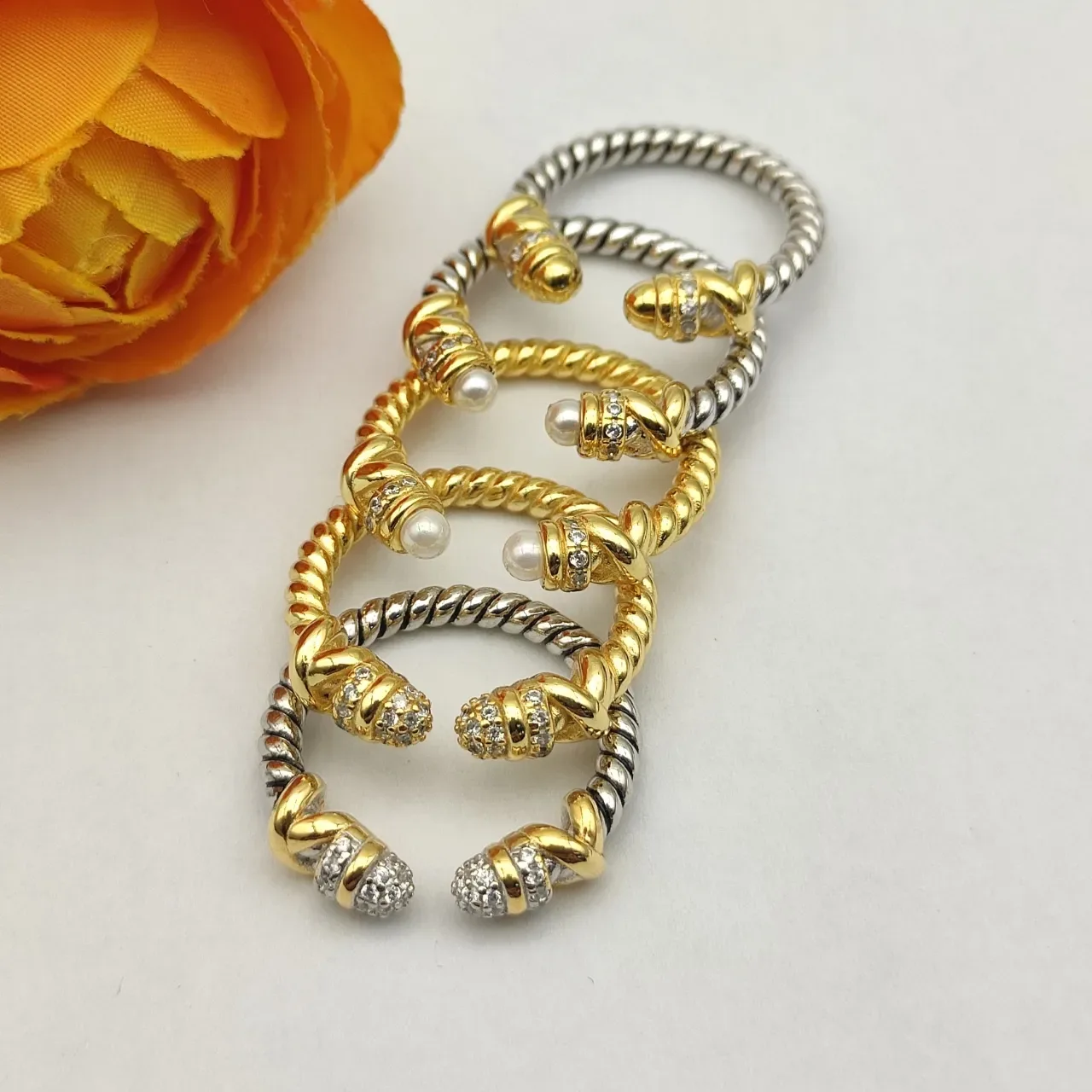 David Yurman Cable Collectibles Gold White Twisted Pearl-Accented Ring 2