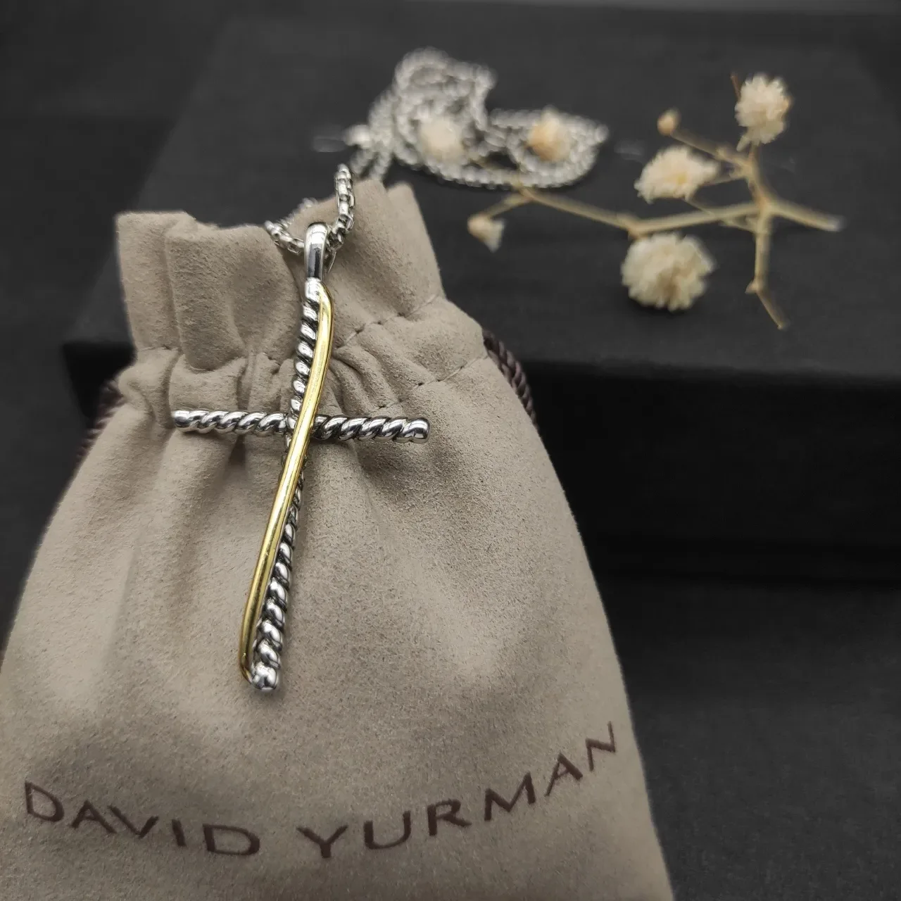 David Yurman Cable Cross Two-Tone Silver and Gold Necklace 7