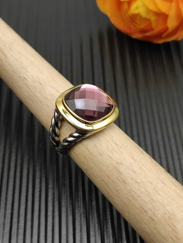David Yurman Cushion-Cut Pink Gemstone Gold Bezel Twisted Cable Ring 8