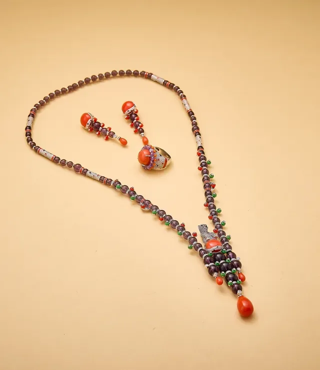 Deep Purple and Coral Beaded Tassel Pendant Necklace 7