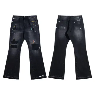 Distressed Paint-Splattered Flared Black Jeans