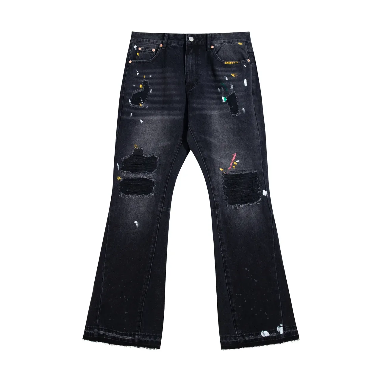 Distressed Paint-Splattered Flared Black Jeans 2