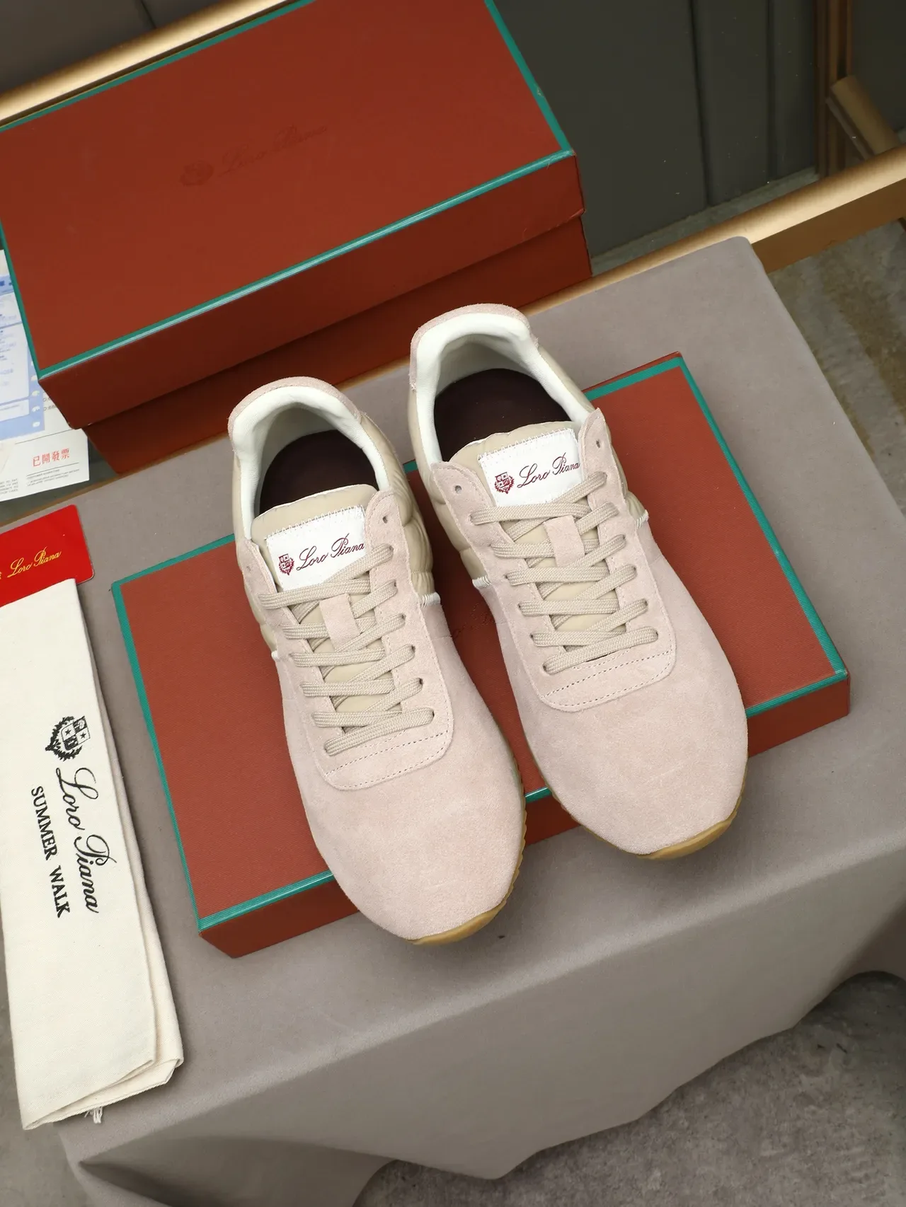 Dusty Pink Suede and Beige Nylon Retro Runner Lifestyle Sneakers 2