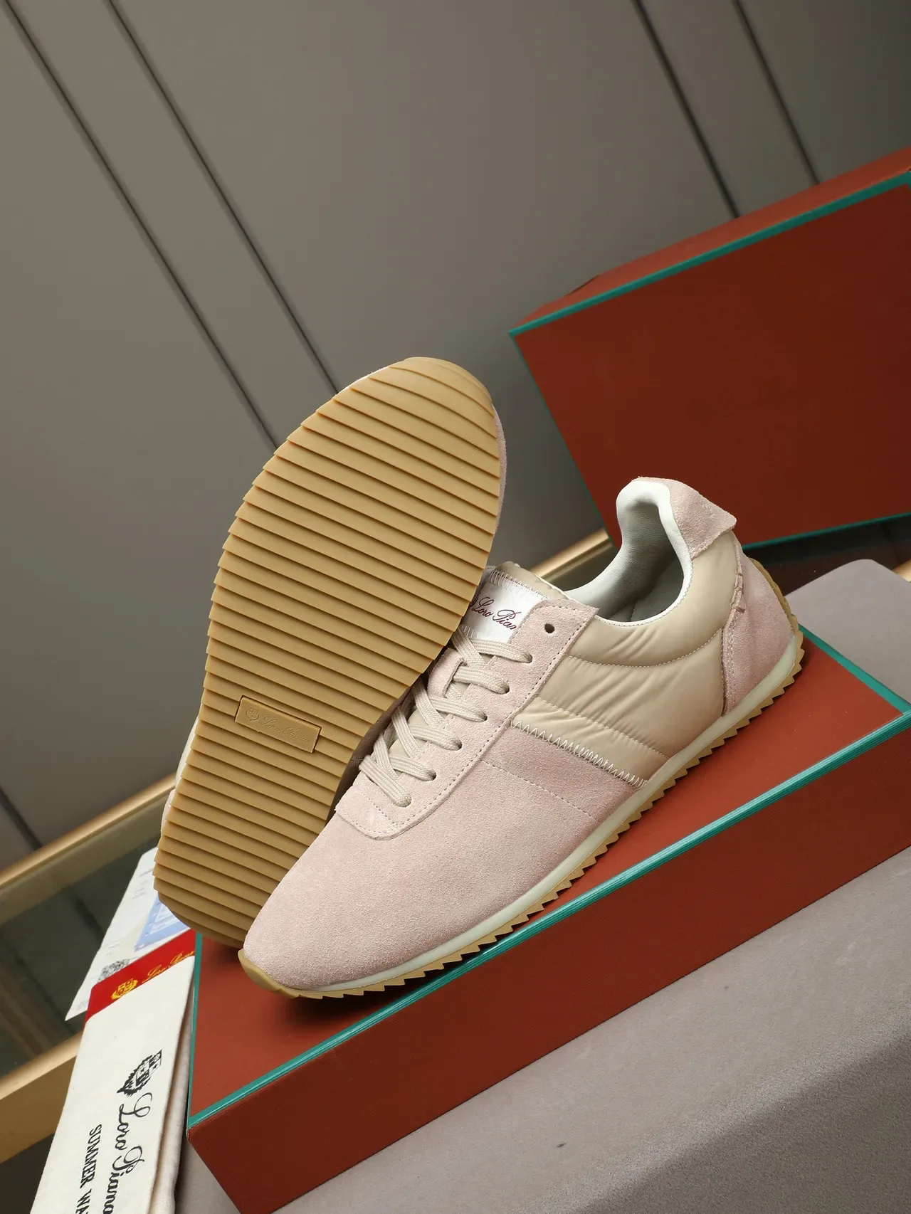 Dusty Pink Suede and Beige Nylon Retro Runner Lifestyle Sneakers 4