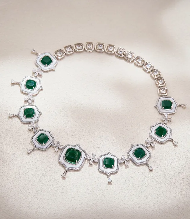 Emerald-Cut Green Gemstone and White Enamel Pavé Diamond Necklace 6