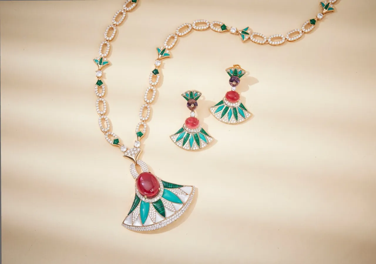 Fan-Shaped Enamel and Cabochon Drop Earrings 3