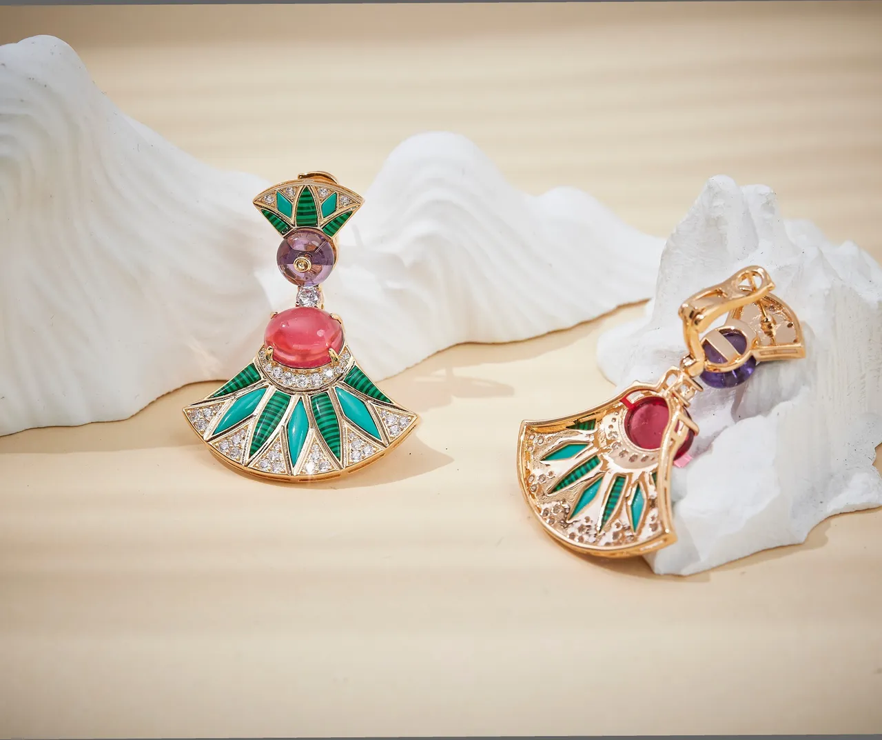 Fan-Shaped Enamel and Cabochon Drop Earrings 4
