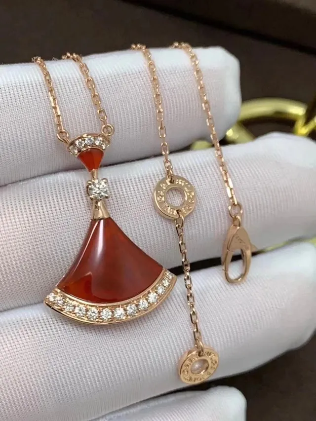 Fan-Shaped Red Stone and Pavé Diamond Pendant Necklaces 4