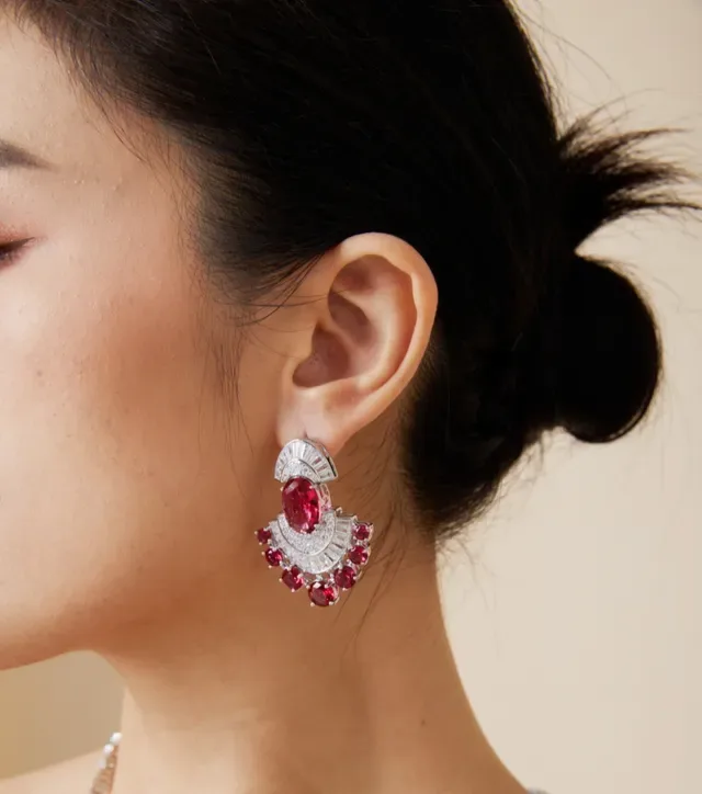 Fan-Shaped Ruby and Diamond Gemstone Dangling Earrings 3