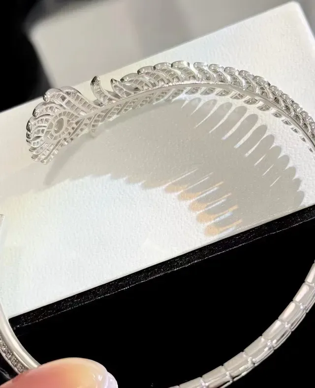 Feather Motif Pavé-Set Open Cuff Bracelet 3