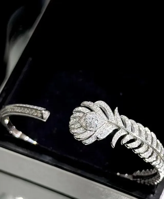 Feather Motif Pavé-Set Open Cuff Bracelet 4