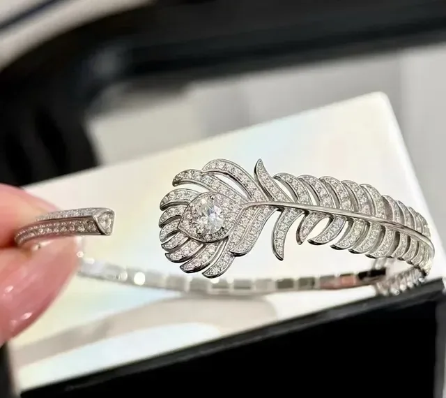 Feather Motif Pavé-Set Open Cuff Bracelet 5