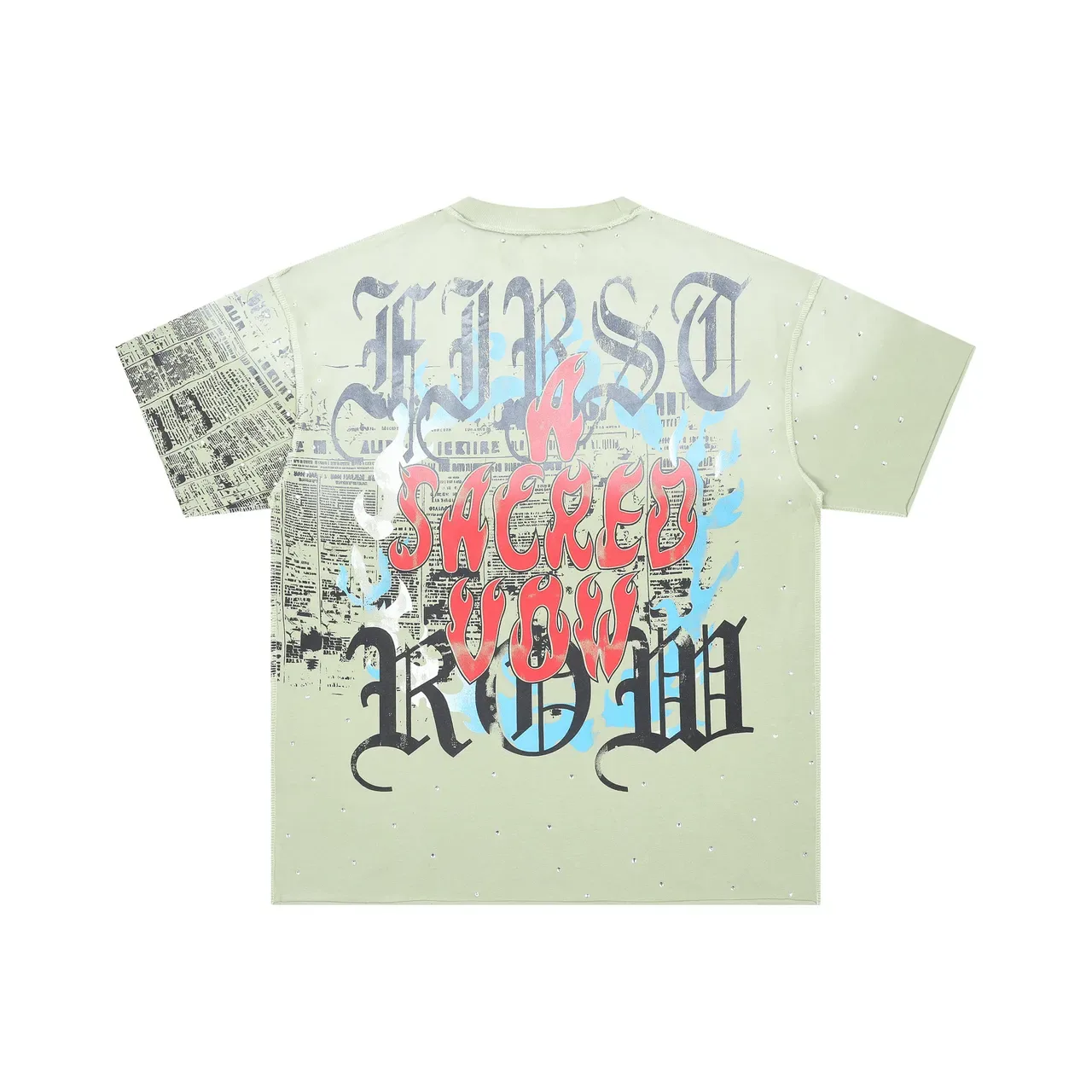 FIRST ROW Graphic-Print Embellished Pale Green T-Shirt 3