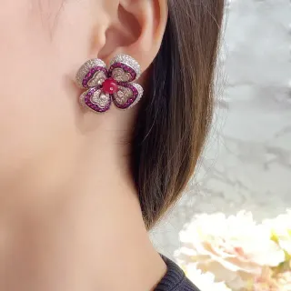 ফুল Pave-Set গোলাপি এবং লাল জেমস্টোন ফুল ইয়ারিং