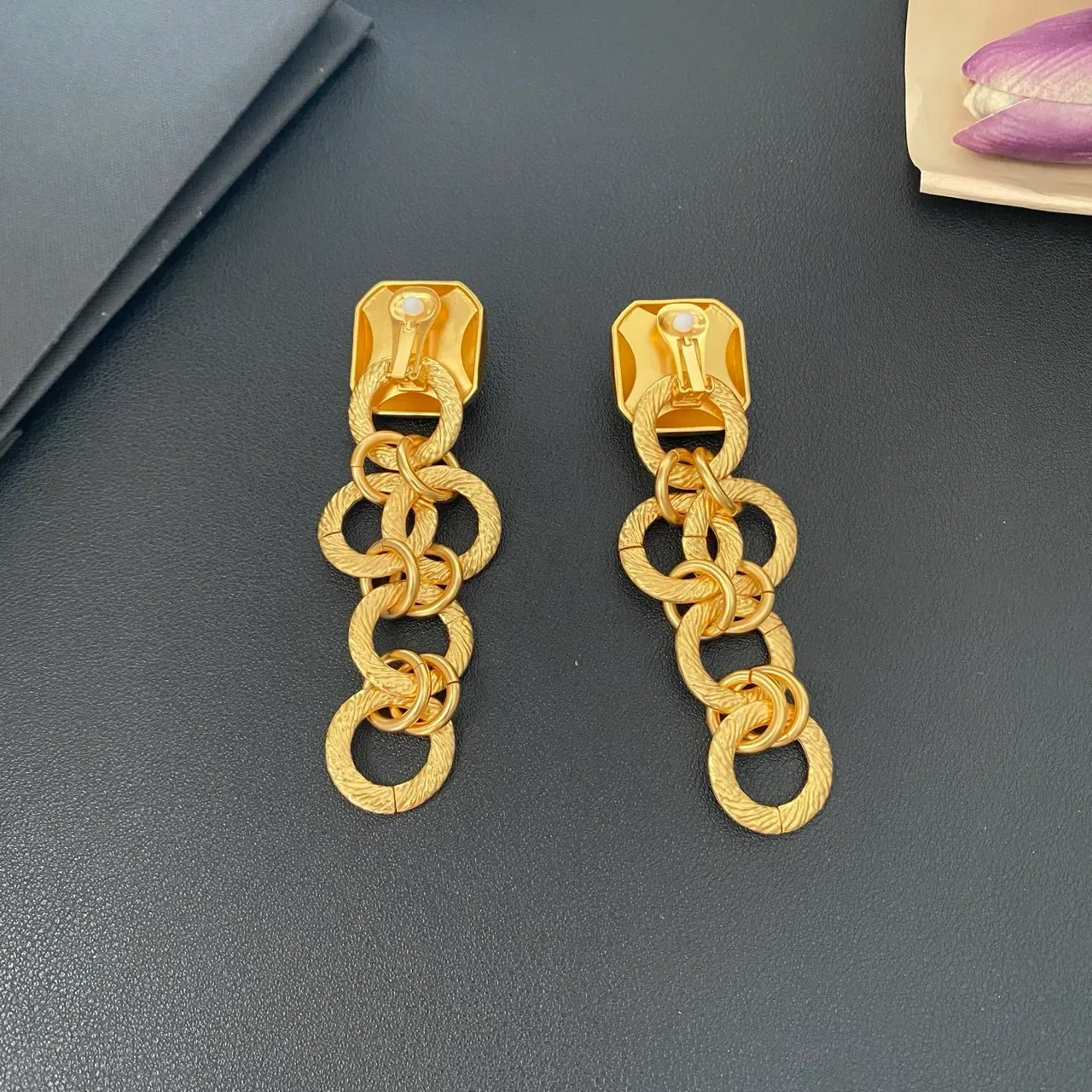 Gold Blue Textured Chain-Link Earrings 3